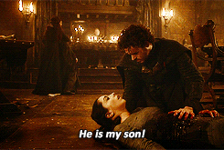 :   "Keep me for a hostage, Edmure as well if you haven't killed him. But let Robb go.""No." Robb's voice was whisper faint. "Mother, no...""Yes. Robb, get up. Get up and walk out, please, please. Save yourself."  