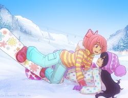 caffeccino:A commission for thekusabi featuring the outfits from the new snowboarding Madoka cards! Definitely one of my favorites so far + v + Madoka learning how to snowboard @ v @ heheHomura and Madoka napping on the car ride home!The second one was