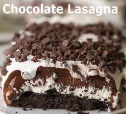 foodaddictofficial:  Chocolate LasagnaINGREDIENTS 1 package regular Oreo cookies (Not Double Stuff) – about 36 cookies 6 Tablespoon butter, melted 1- 8 ounce package cream cheese, softened &frac14; cup granulated sugar 2 Tablespoons cold milk 1- 12