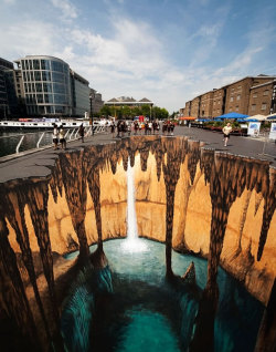 3D Pavement Art By Different Artists Sources: http://www.demilked.com/3d-sidewalk-chalk-art/ http://joehill-art.com/index.htm  Image one: http://www.metanamorph.com/index.php?site=project&amp;cat_dir=The-Caves&amp;proj=Mysterious-Caves-in-Europe Image