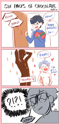 the-cm:  when your husband presents you a life-sized chocolate model of himself on valentine’s ;;-more yoi comics