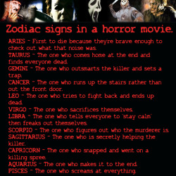 freezingxlou:  warrior-skyscraper:  candycoateddoom:  nanssz:  n134:  annarodionova:  wiccateachings:  If the zodiac signs were in a horror movie.   Well maybe somebody will take my advice of staying calm, I clearly didn’t  &lsquo;the one who is secretly