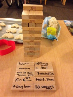 squidkneee:  t0nightweride:  candlejack:  parisheroinstars:  Making a Dirty Jenga.  Oh  need to play this omg  ok but lets talk about those cookies about to be baked 