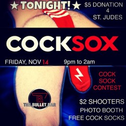 slavepupboy:  Tonight at the Bullet! COCKSOX! #bdsm #cancer #charity #fundraiser #COCKSOX #cocksock #MBPM #mrbullet2014 #mrbullet #socalleatherboy2014 #gayevents #gay  (at Bullet Bar)