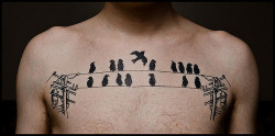 hidesawell:  heysusan:  brokenmachine: tattooed 01001101 01001111 01010110 01000101 by Steve Losh   The birds represent 1’s. The spaces represent 0’s. The arrangement of birds on the wires (with the flying bird) is: 01001101 0100111101010110 01000101Which