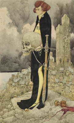 thunderstruck9:Gustave Adolphe Mossa (French, 1883-1971), Hamlet et le Crâne [Hamlet and the Skull], 1909. Black chalk, pen and ink, watercolour and gouache on paper, 46.2 x 28 cm.