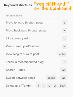 unwrapping:  Tumblr added a pseudo-Konami Code to its keyboard shortcut list (revealed by pressing the shift and ? keys on the Dashboard). Please do not use this new shortcut. Update: Tumblr removed the “Delete all of Tumblr” shortcut.