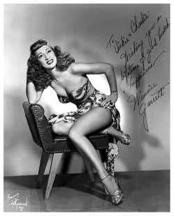 Winnie Garrett       aka. “The Flaming Redhead”.. Vintage 50’s-era promo photo personalized: “To Vickie &amp; Charlie — Wishing you a lifetime of good health &amp; happiness — Winnie Garrett”