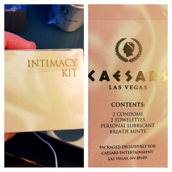 libertinedreaming:  Within my hotel room at Caesars Palace. An intimacy kit. My favorite two towelettes because after being intimate with someone who doesn’t want a moist towelette?   Nothing screams romance like handing your lover a moist towelette