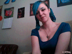 pigtails-and-boobs:  danny-cee-:  OK. So I had me some strip GIF fun. Now to get to work. Come play with me, Nya! The link to my chat is in my header section.  Oh WOW! Blue hair in pigtails stripping with kitty ears. Yes! Yes! Yes!