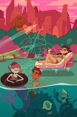 shoomlah:  My variant cover for Bravest Warriors #09 was just announced! Was given pretty much free reign to do what I wanted, and this was the thumbnail that the editor liked the most- can’t go wrong with bathing suits and sea monsters! -C 
