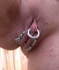 Well sealed by numerous barbells, chastity piercing.