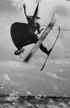 oldflorida:  Full-length portrait of water ski champion Alfredo Mendoza skiing in witch’s costume, holding broomstick and jumping in mid-air at Cypress Gardens, Florida in 1953. Via Pinterest
