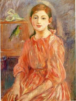 impressionism-art-blog:  The Artist’s Daughter with a Parakeet via Berthe MorisotMedium: oil on canvas