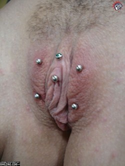 pussymodsgaloreShe has a VCH piercing, and unusually, two barbells vertically through her outer labia. BMEZINE normally has unusual or extreme mods, it is a pity that more of their images are not available to reblog.