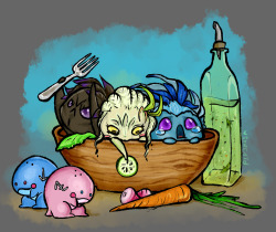 stuffsyrdraws:  My three Sylvari in a little wooden salad bowl.From left to right: Eoghan Anthemis (engineer), Linden Hedgerow (elementalist), Curran Nightbriar (guardian). 