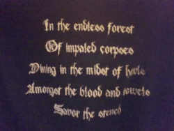 diary-ofametalhead:  In the endless forest Of impaled corpses Dining in the midst of howls Amongst the blood and bowels Savor the stench - Pallor Mortis, Savor the Stench Yes Peter, this is what I do with the shirts you give me lmao. 