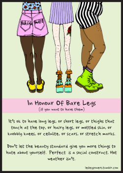 goodbodiesareallbodies:  [ three people with various leg types. left person is wearing pink shorts and yellow shoes and appears to have smooth legs with thighs that touch, middle person has pale, hairy, thin legs and is wearing heels with socks? and a