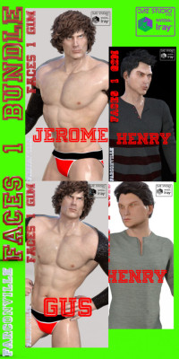 Faces  1 for Genesis Male, Michael 5, Heroic Michael 5, Genesis 2 Male,  Michael 6, Genesis 3, and Michael 7 is comprised of 10 custom face  morphs without any textures. Compatible with Daz Studio 4.8 and up! Check the link for more! Save 38% with this