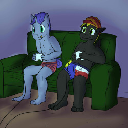 Wavelength and Fuze lounging around playing video games in their undies.  Wavelength sporting some stripped trunks, and Fuze in a bold patterned boxerbriefs. (Bit of a &ldquo;gift&rdquo; art for Wavelength, since he hasn&rsquo;t gotten one in a while)