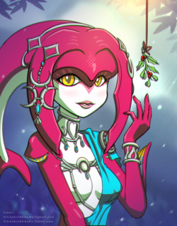 Mipha from the Legend of Zelda: Breath of the Wild.  Looks like Mipha wants to give a special someone a kiss with a mistletoe.Fan suggestion by Noxgarm//Like what you see?  Support us for more on going art content, bonus art, and uncensored versions:https