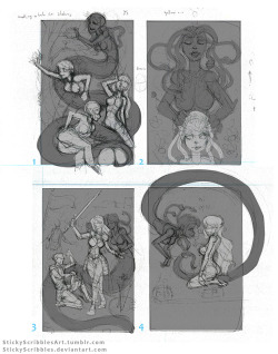   Gorgon Cuddle Concepts   Here is sneak pick of some rough sketches. It&rsquo;s where the magic starts from concepts to full vivid paintings. As you can see different guest or opponents in stages of either ecstasy or fright. Normally I don&rsquo;t show