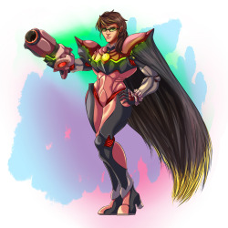 &ldquo;Aranetta.&rdquo; A combination of Bayonetta from Bayonetta and Samus Aran from the Metroid series. A time-lapse video of this drawing can be found here: http://plagueofgripes.tumblr.com/post/75731230477/aranetta-a-combination-of-bayonetta-from