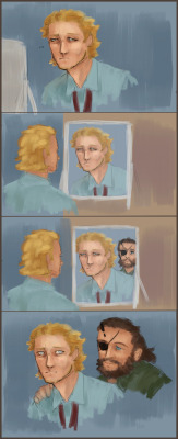 mgs-lileiv: Uh-oh, guess who was going to participate in vkaz week but forgot… anyway to make up for it, here’s a rough comic thing I was working on already, based on an idea my friend @duxwontobey had while we were talking about these two; Kaz is