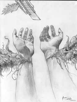  this really, really gets to me. you see the blade up there, with wings. like it’s the savior and an angel coming when we need it the most. the open wrists releases dark emotions and dark powers and dark monsters that’s inside of us, that’s being
