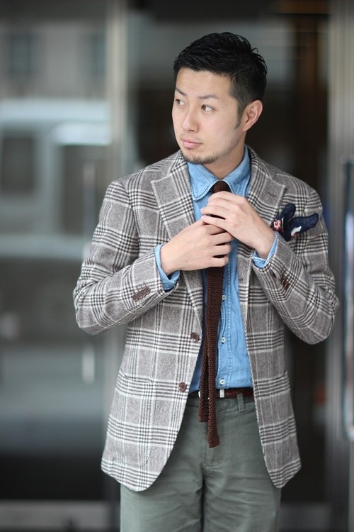 Patterned sport coat and denim shirt by Ring Jacket