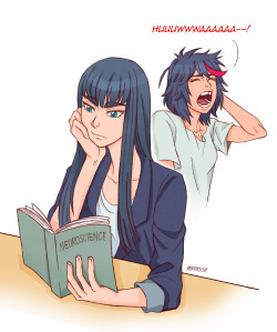 herokick:College AU~Satsuki reading for “fun”. Ryuko waking up from a nap.  &gt; u&lt; &lt;3