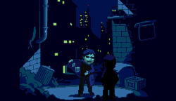 michafrar:  Inspired by the opening of Wario Land 4. I animated it entirely in Graphicsgale. Moving lightsources are a good exericise!I like to imagine the stranger is someone from Normalboots… 