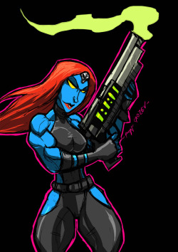 sabrerine911:  sabrerine911:   Was in the Brotherhood drawing mood so here is a mean Mystique with a big gun.   Still my favorite Mystique piece Ive done &lt;3 