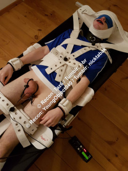 r-br:My slave @nicktabak enjoying his pain in full Segufix with electro, blindfold, collar and sock gag.