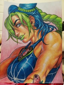 tellamine:  Finished Jolyne! I love her so much. Done with watercolors, colored pencils, and some acrylic 