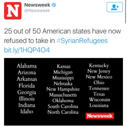 raw-r-evolution:  krxs10:  krxs10:  More Than Half the Nation’s Governors Say Syrian refugees Not Welcome In 27 U.S. States More than half the nation’s governors – 27 states – say they oppose letting Syrian refugees into their states, although