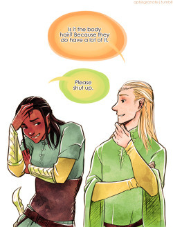 apfelgranate:  legolas tries to understand tauriel’s… fondness for dwarves. she’s gonna be so smug once gimli happens. so smug. yeah, this is turning into a verse. bingo card shenanigans. IDEK. 