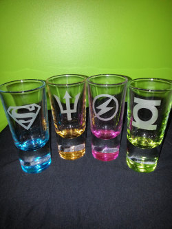 herowire:  Superheroes and Liquor While Supes may not be able to get crunk with the best of them I do believe that he would Superapprove of these awesome shot glasses.  You can snag this full set for ฮ on Etsy.  He even seems to do custom orders in