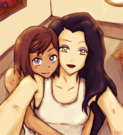 katanlene:  Korrasami selfie.Yes, Asami is wearing korra’s shirt and yes that’s lipstick all over korra. ;) I’ve been wanting to do it for quite some time now, I love my bi babies &lt;3