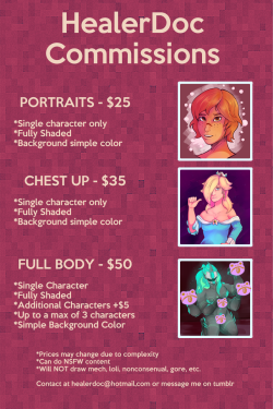 lewddoc:  Starting up commissions again, have been getting more free time to do things so I’ll be opening them again. Will only have 6 Slots open for now. To get a slot, please email me at healerdoc@hotmail.com  or shoot up an ask at either of my tumblrs