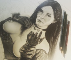 chrisstonerart:  Yennefer WIP 2 half body progress, really hard to continue her for now, and i also need to check last detals on gloves and hair before next parts..aaaand did the outline of the background, but I will upload vid for better detail later