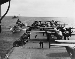 lex-for-lexington:  “This force is bound for Tokyo”The aft flight deck of USS Hornet, full of Doolittle Raid B-25 Mitchell bombers to be launched.