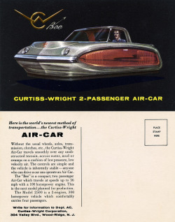atomic-flash:  It’s a hover car: Curtiss-Wright Bee, Two Passenger Air-Car, 1959 - Advertising Postcard 