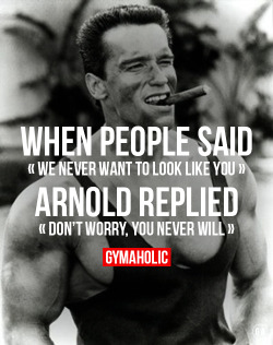 gymaaholic:  When people said “we never want to look like you”. Arnold replied “Don’t worry, you never will” Arnold Schwarzenegger http://www.gymaholic.co