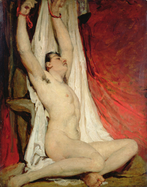 life-imitates-art-far-more: William Etty (1787-1849) “Male Nude, with Arms Up-Stretched” (1828)  Oil on board Located in the York Gallery, York, England  Professor Jason Edwards of the University of York suggested that this image may have been intended