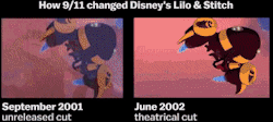 nickandch33se:  azul-j:  lord-of-tumblur:  sixpenceee:  aehlysian:  sixpenceee:  How 9/11 changed Lilo &amp; Stitch.   oh my god i never knew  Same  Today on things I never knew. o.o   Amazing that they still managed to use most of the original animation