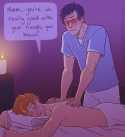 ohlookitscazz:  I’m a day late with this, but I wanna give a big happy birthday shout to quidditchchick004!! Tbh, I haven’t really stopped thinking about your massage therapist AU and I’ve been wanting to do fanart of it for a while now, so I hope