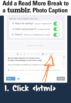 unwrapping:  Add a Read More Break to a Tumblr Photo Caption: While text posts have a handy icon to insert a read more break, other Tumblr post types do not. This example shows adding a read more break for a photo post. But this tip also works with the