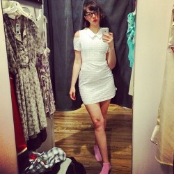 misskaciemarie:  Strange little white dress with shoulder cut outs~ I think I like you. Buy or not!? 👍👎 http://kaciemarie.findrow.com (for more dressing room photos)