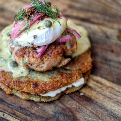 foodpornit:  Eggs Benedict w/ butter basted rosemary salmon cake on potato pancakes with dill hollandaise, poached egg, pickled red onion and capers #FoodPorn via Sammagetime 